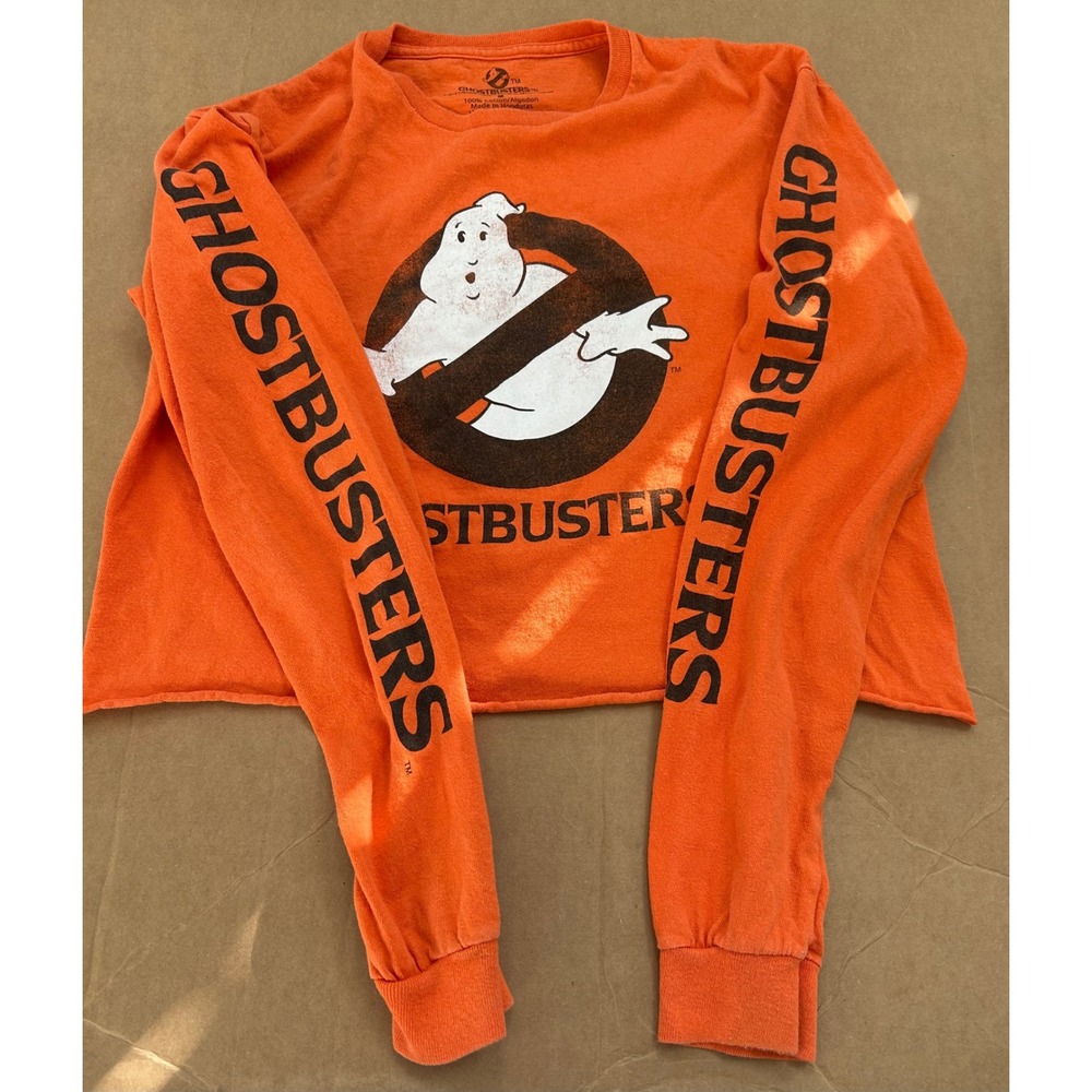 Ghostbusters Orange‎ Cropped Long Sleeve T Shirt Women's Size M Retro Movie Pop